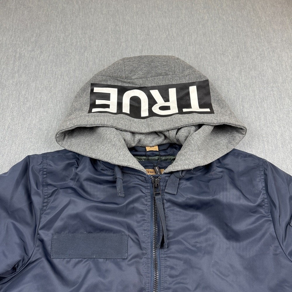 True Religion Bomber Jacket Mens Small Blue Quilted Full Zip Hooded Pockets Coat - Picture 3 of 13
